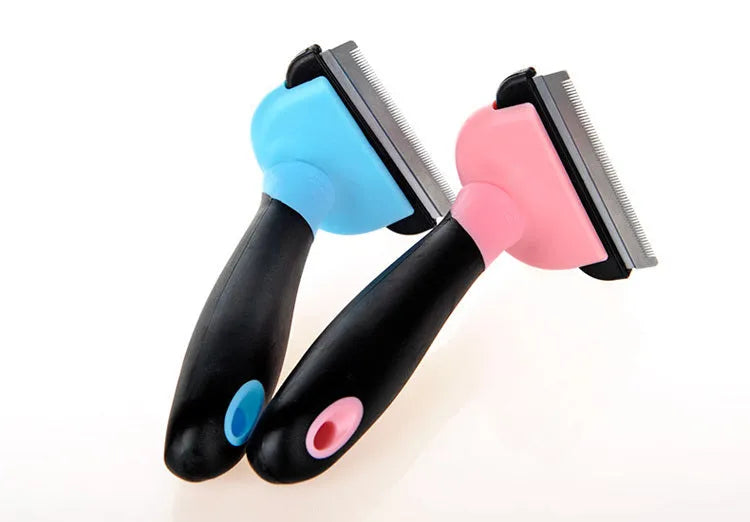 Pet hair removal comb for long straight hair pets in three sizes S M L and blue or pink colour options