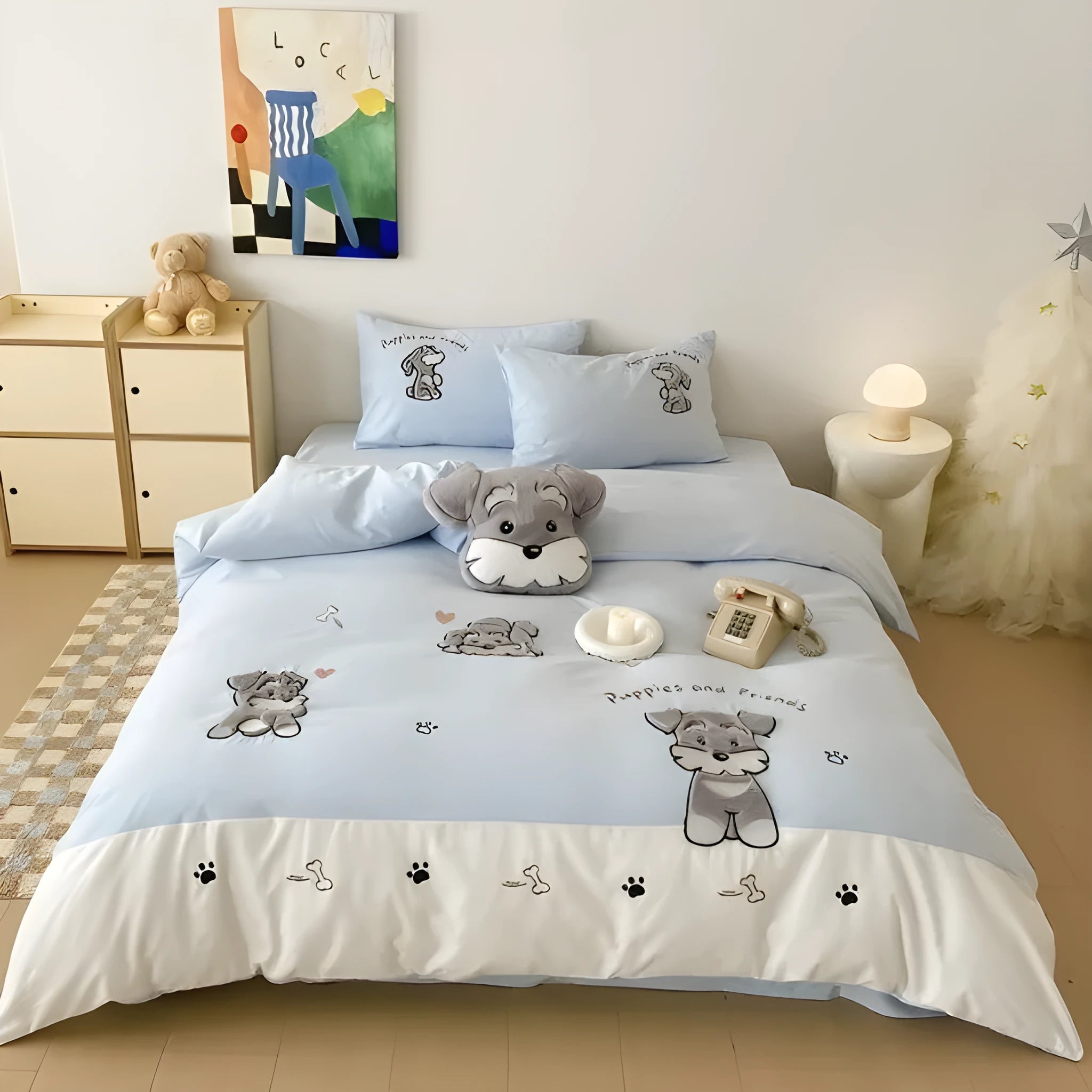Cartoon schnauzer dog pattern bedding set with embroidery on thickened cotton fabric