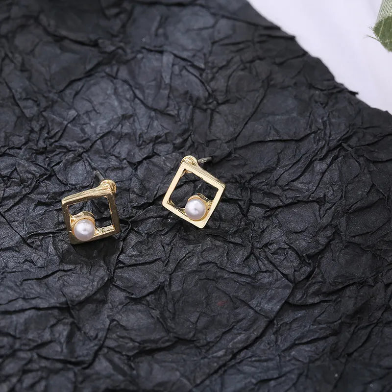 Hollow diamond square alloy stud earrings for women, geometric shape, multiple colour options