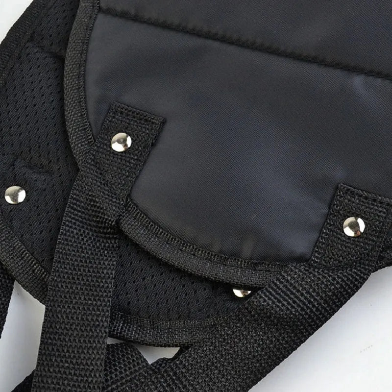 Black Oxford cloth portable foot hammock with adjustable straps for travel airplane use