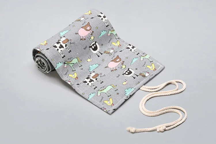 Canvas pencil wrap roll up case with elastic bands and custom print design