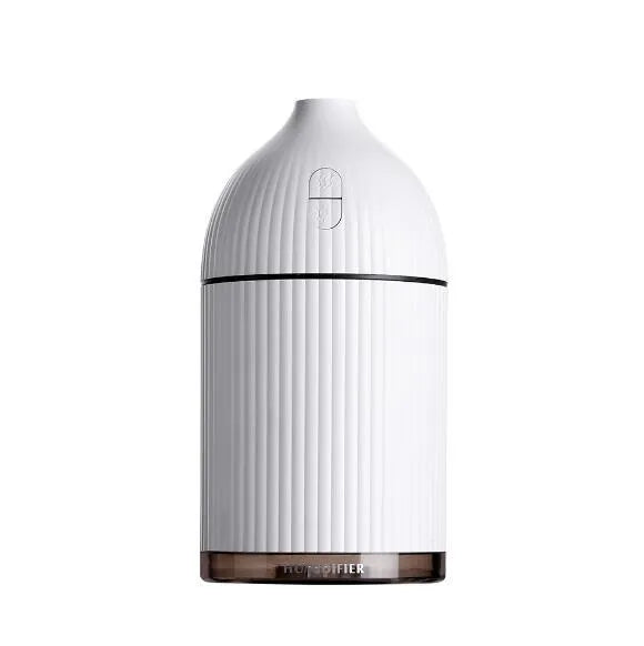 White USB aromatherapy diffuser humidifier with 300ml capacity and LED light on wooden table