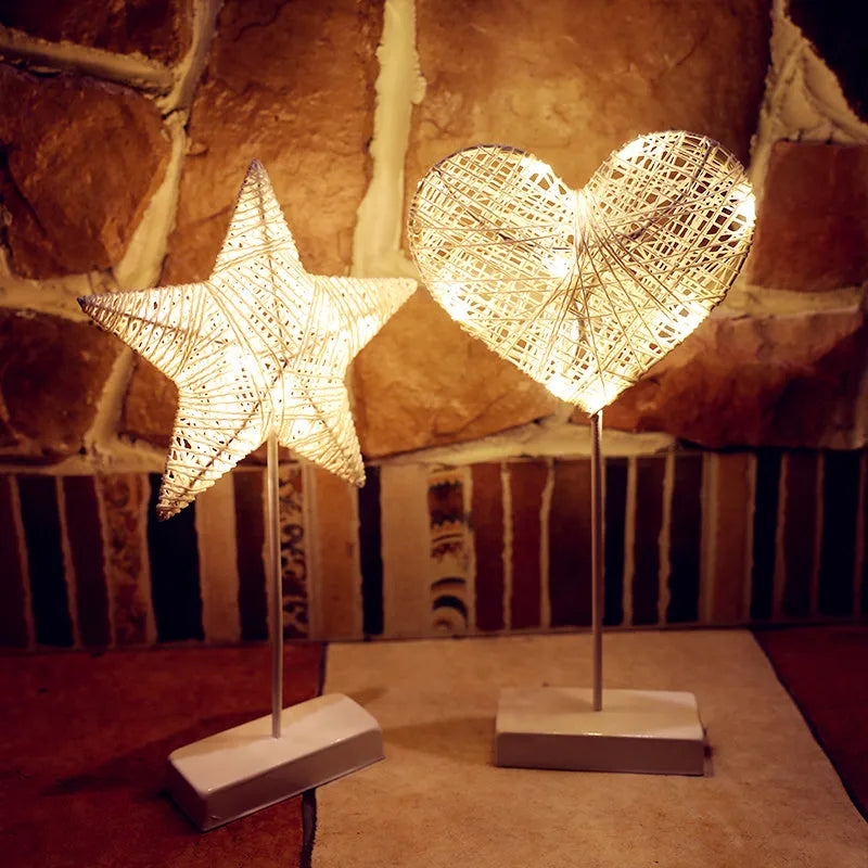 Rattan LED fairy lights with star, heart and moon designs for battery-powered room decoration