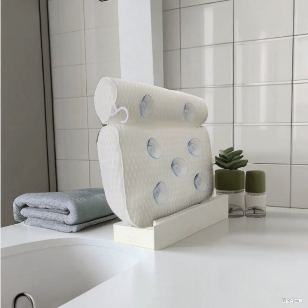 White 3D bathtub pillow with mesh fabric and suction cups on a bathtub edge.