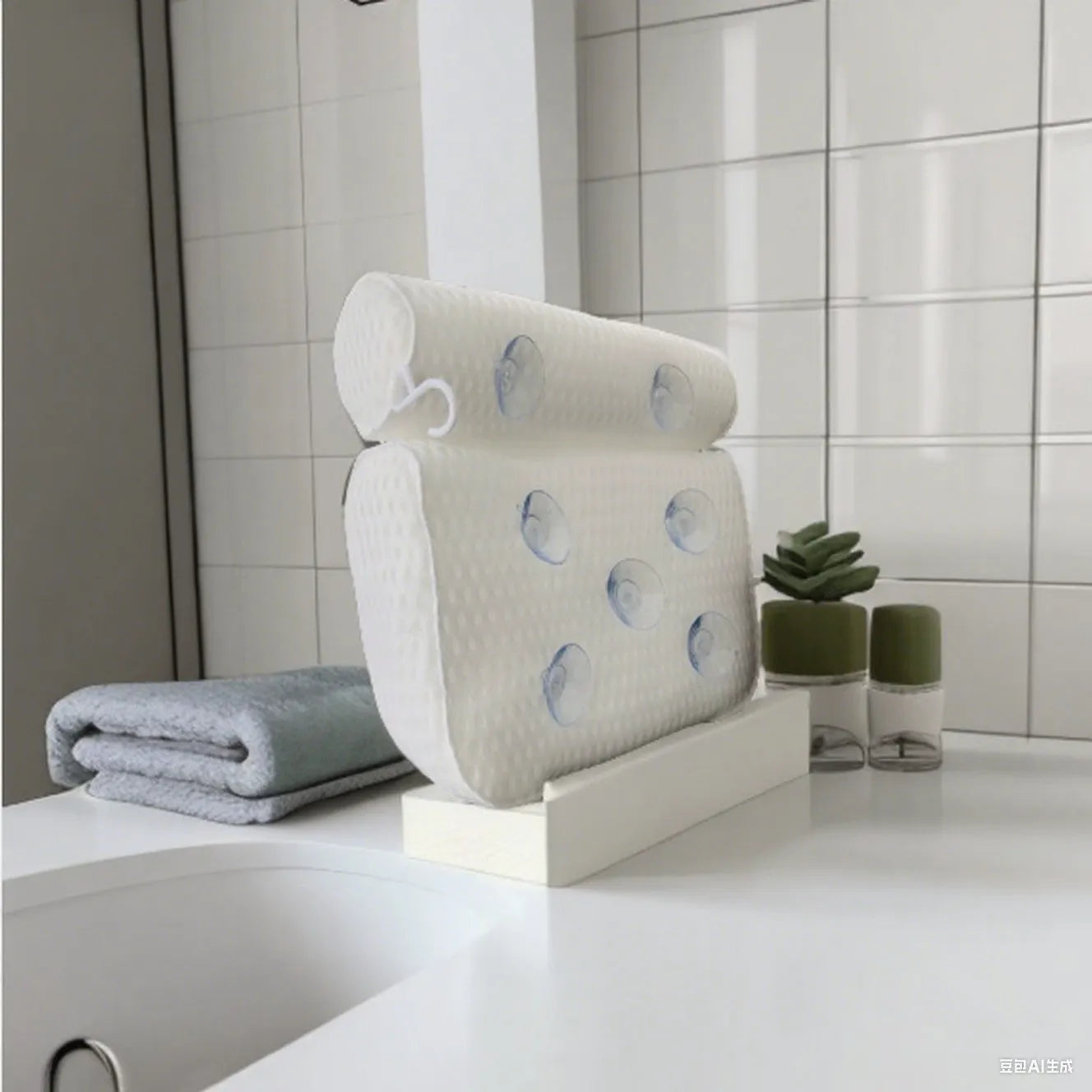 White 3D bathtub pillow with mesh fabric and suction cups on a bathtub edge.