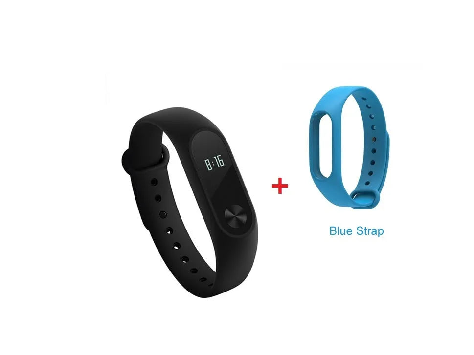Black Xiaomi Mi Band 2 fitness tracker on wrist showing OLED display with heart rate reading
