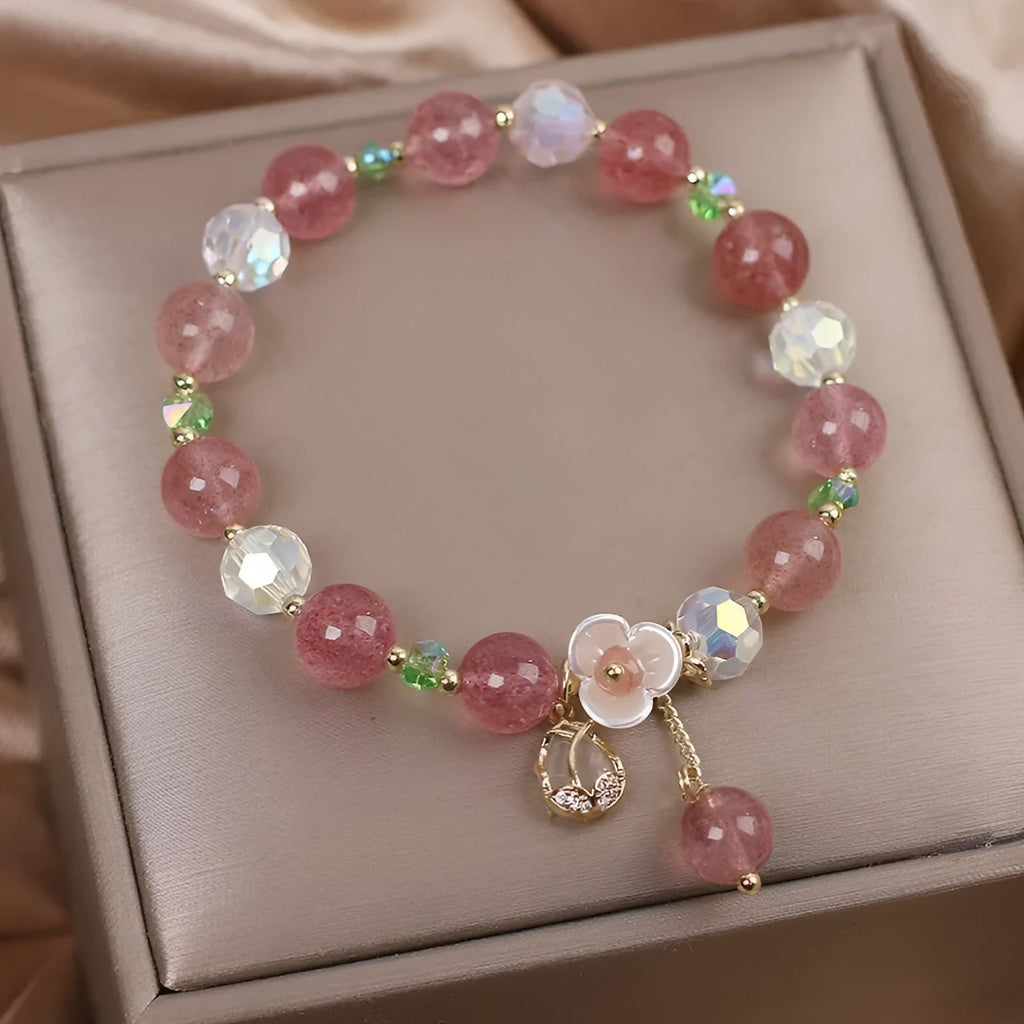 Women's double-layer strawberry quartz bracelet with Lucky Cat charm and red cat's eye flowers