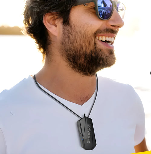 Black wearable air purifier necklace showing compact 80x37x24mm dimensions and plastic construction