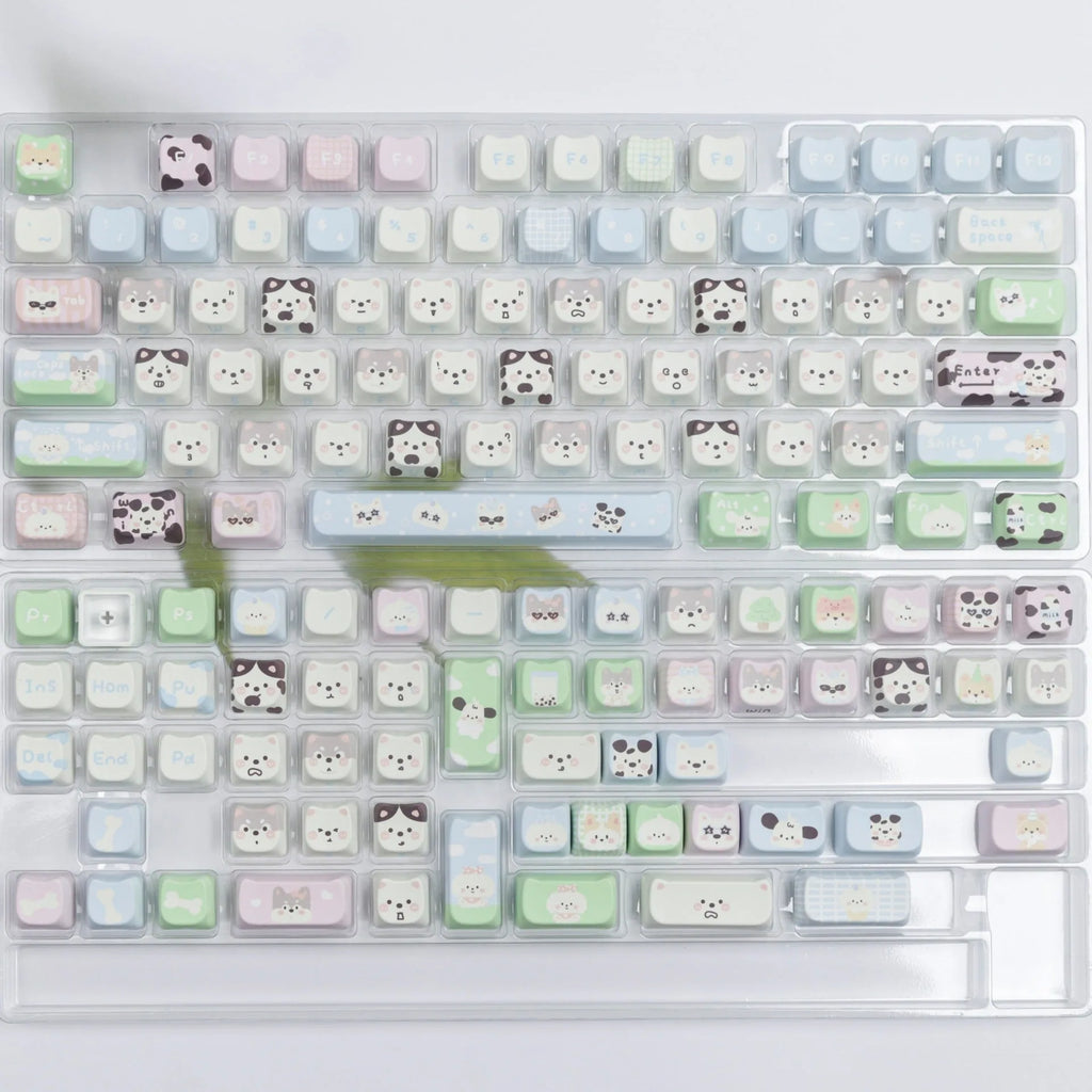 Full set of colourful puppy design PBT plastic key caps for a mechanical keyboard.