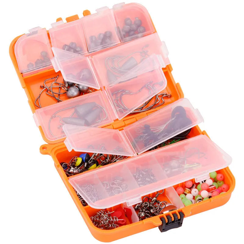 Weihe 257-piece fishing lure accessories set in an orange or black ABS plastic tackle box.
