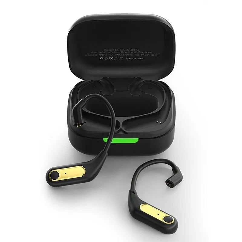 Black wireless Bluetooth headphones with Qualcomm 5.2 chip, ear-mounted design, and charging box on display