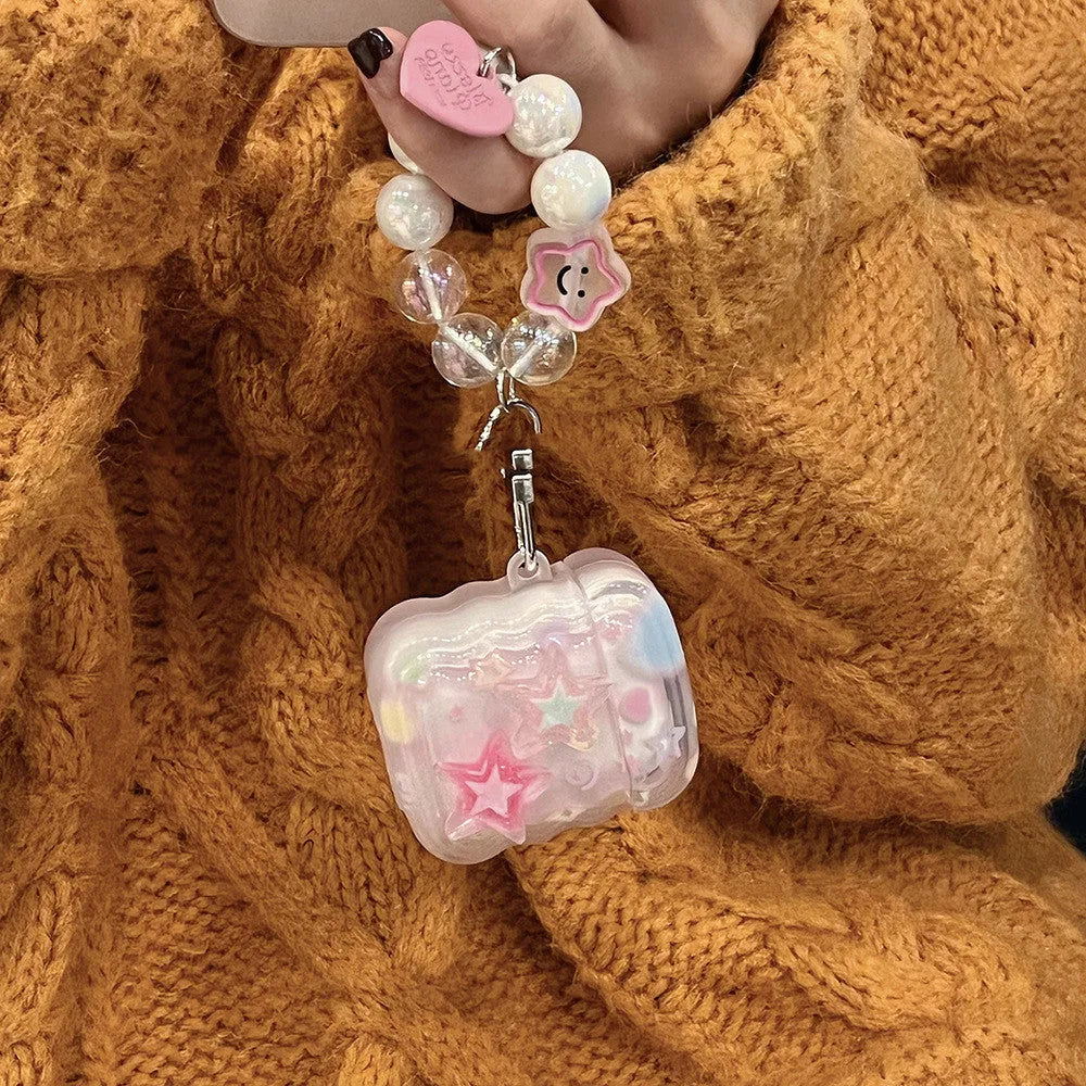 Pink transparent AirPods protective case with three-dimensional five-pointed star pattern and hand rope