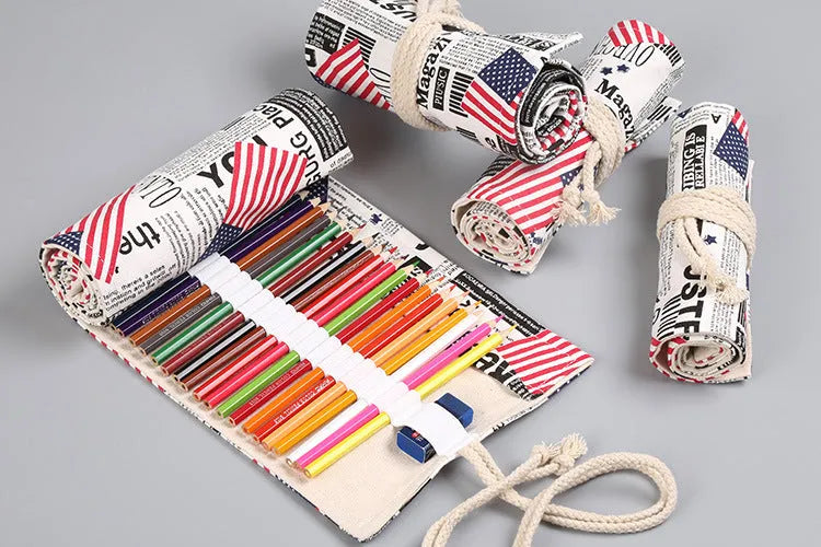 Canvas pencil wrap roll up case with elastic bands and custom print design