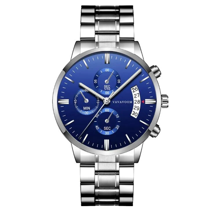 Men's stainless steel watch with 43mm round dial, quartz movement and butterfly buckle in multiple colour variations