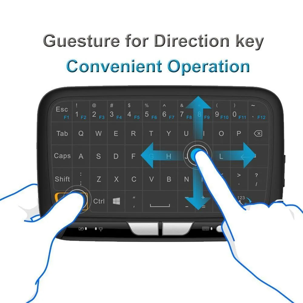Mini H18 black wireless keyboard with 5.3 inch touchpad and QWERTY layout