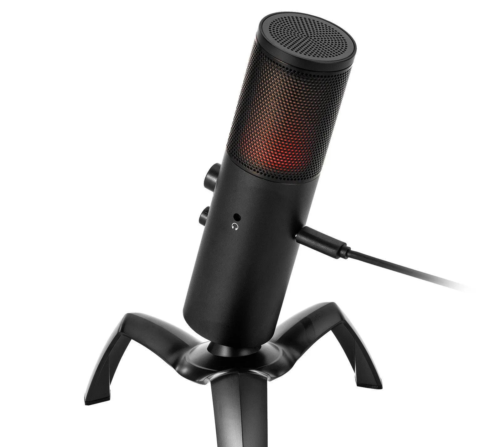 Black Q18 USB condenser microphone with RGB lighting on a metal tripod stand