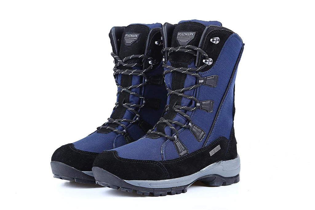 Women's genuine leather thermal snow boots in black colour with mid-calf length and round toe design