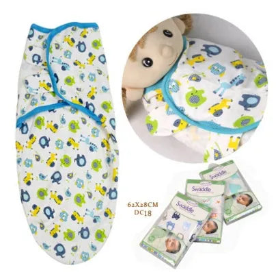Cotton baby anti-startle swaddle wrap in blue with cartoon print, size 62x28 cm