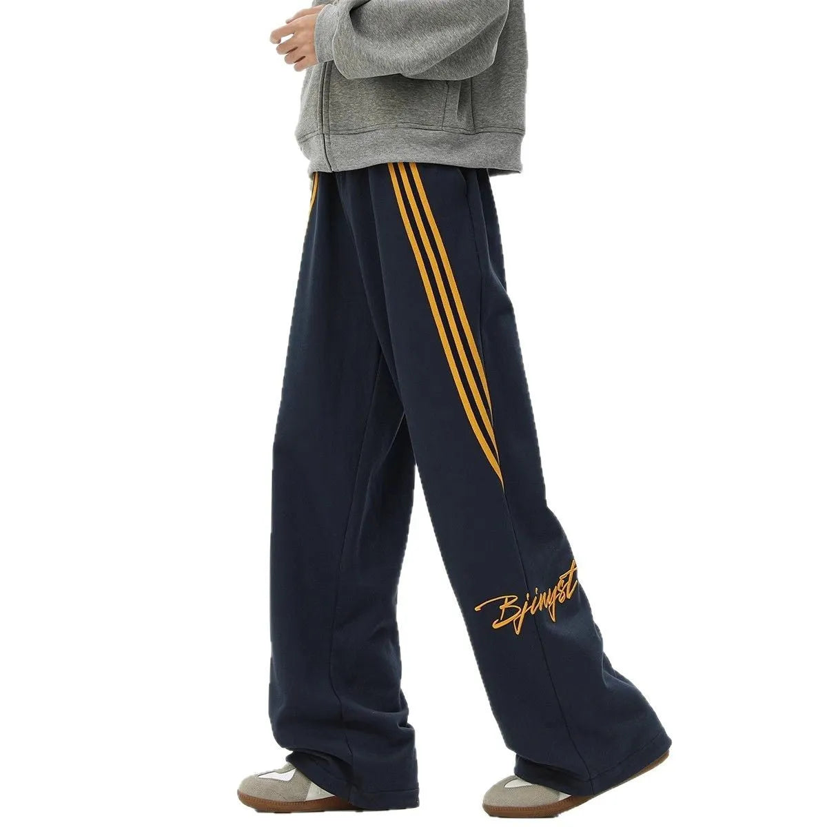 Trendy Brand striped men's loose straight-leg casual pants in Navy Blue, polyester stretch fabric, wrinkle-free finish