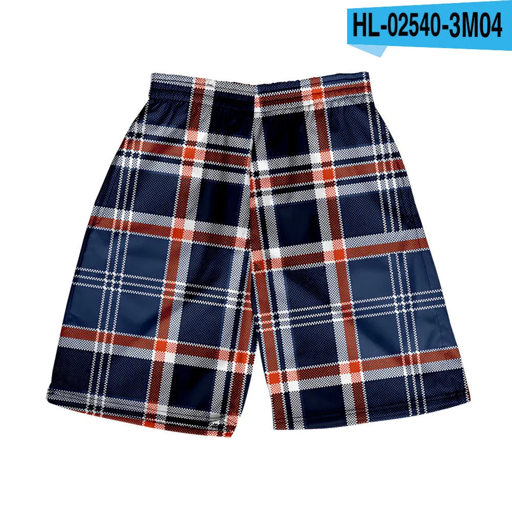 Men's polyester plaid shorts with elastic waistband in straight-leg casual style