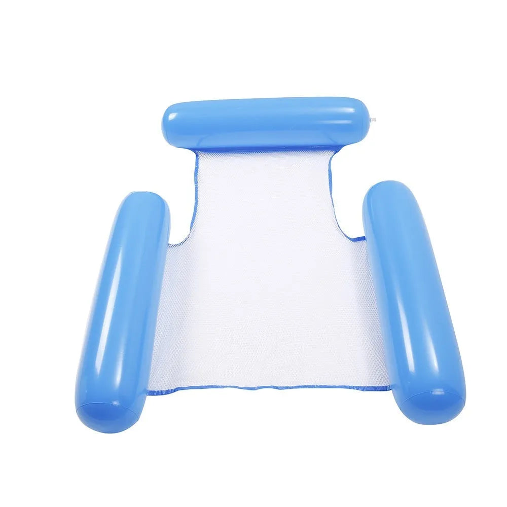 Striped inflatable floating bed in light blue and white, 124x99cm, on pool water surface