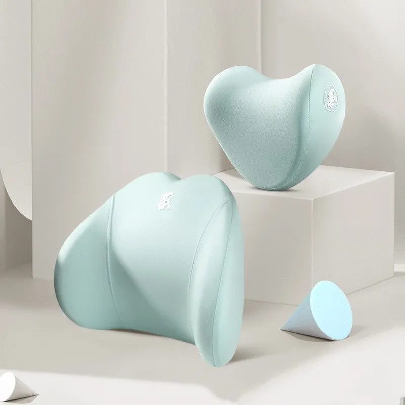 Car pillow set with heart-shaped headrest and lumbar support pillow, cotton cover, four seasons memory foam, black colour