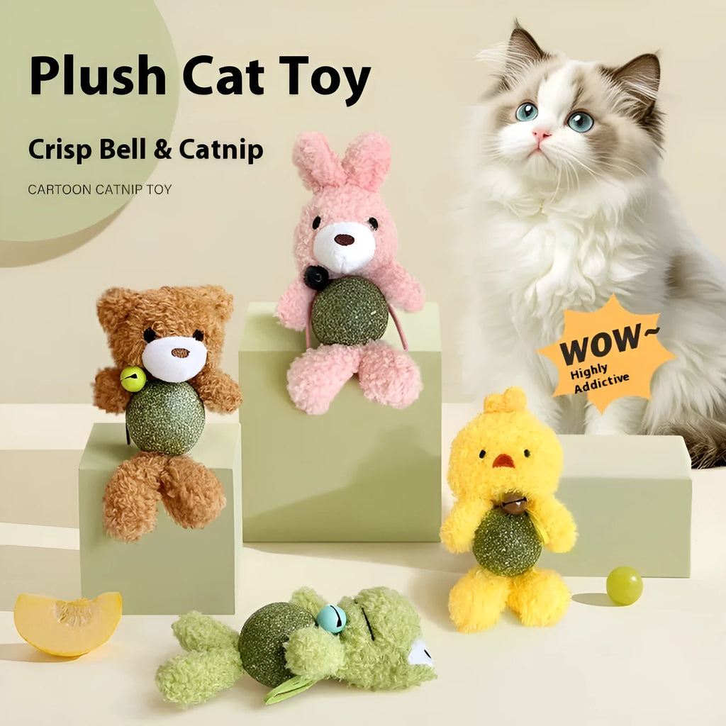 Plush catnip ball toy in brown bear design with bell, measuring 15cm tall for kitten biting play