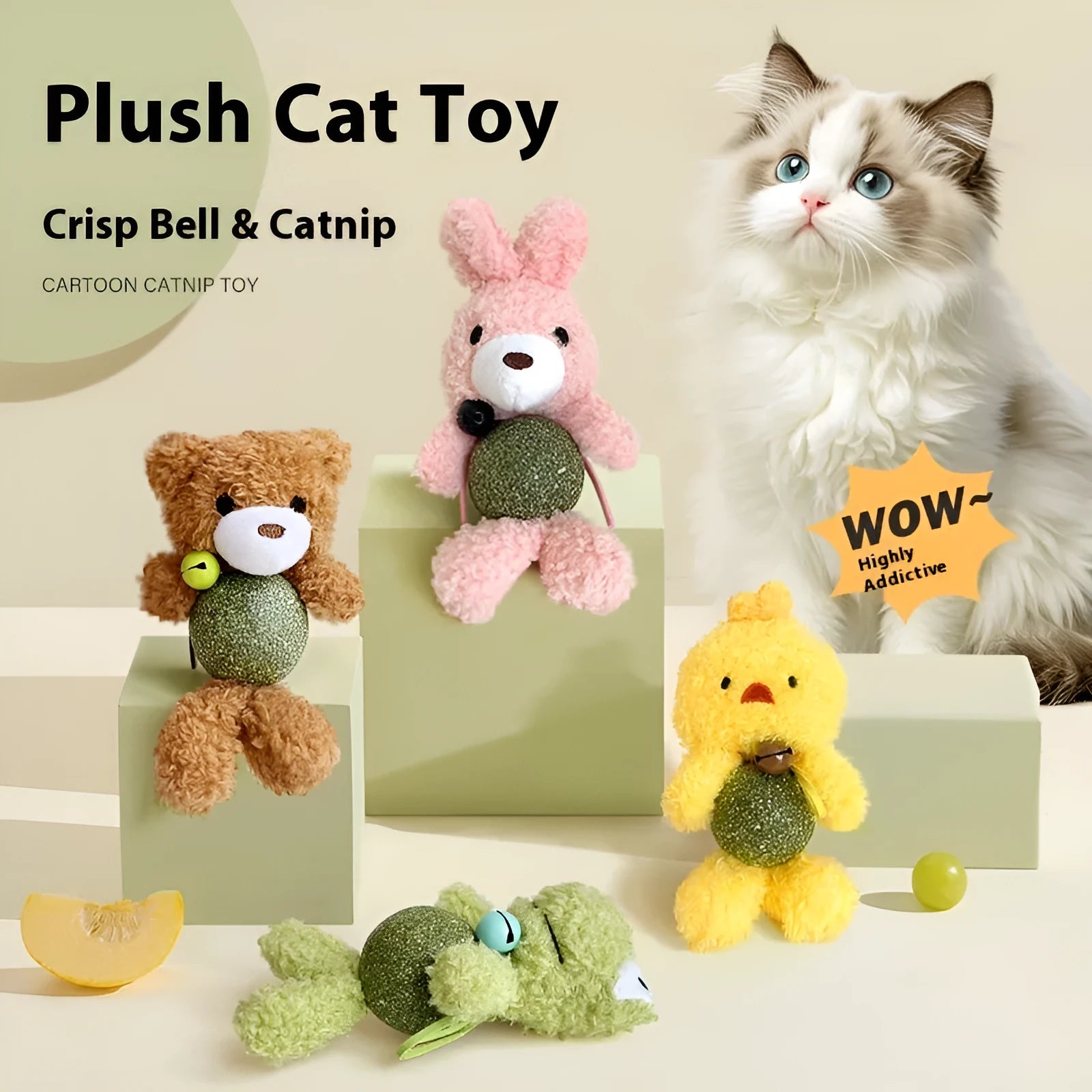 Plush catnip ball toy in brown bear design with bell, measuring 15cm tall for kitten biting play