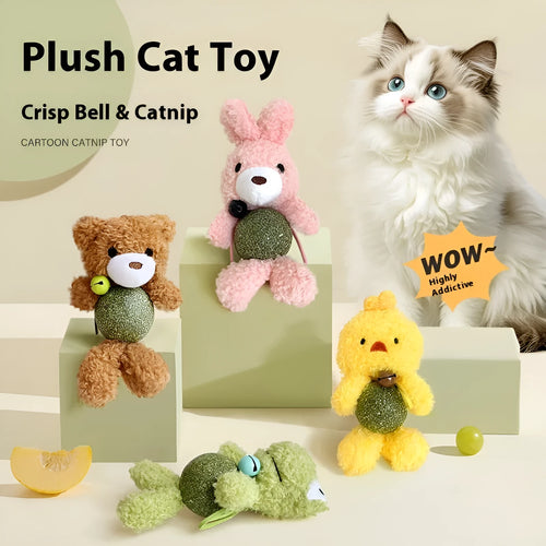 Plush catnip ball toy in brown bear design with bell, measuring 15cm tall for kitten biting play