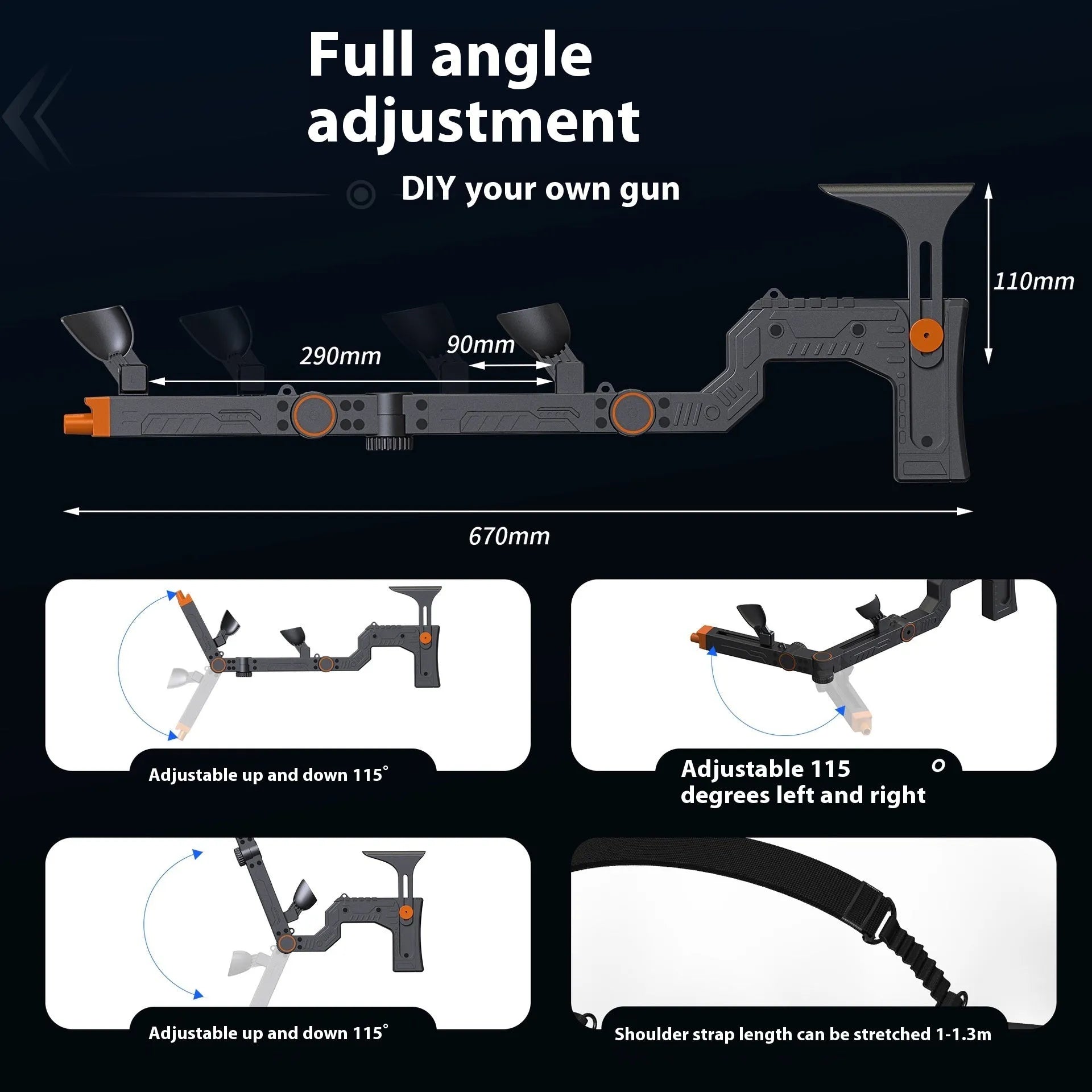VR submachine gun physical auxiliary accessory for Quest 3/3s in muzzle colour, ABS material, approximately 67 cm length