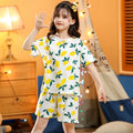 Children's cotton short-sleeved homewear set with cartoon print, top and pants, on a white background