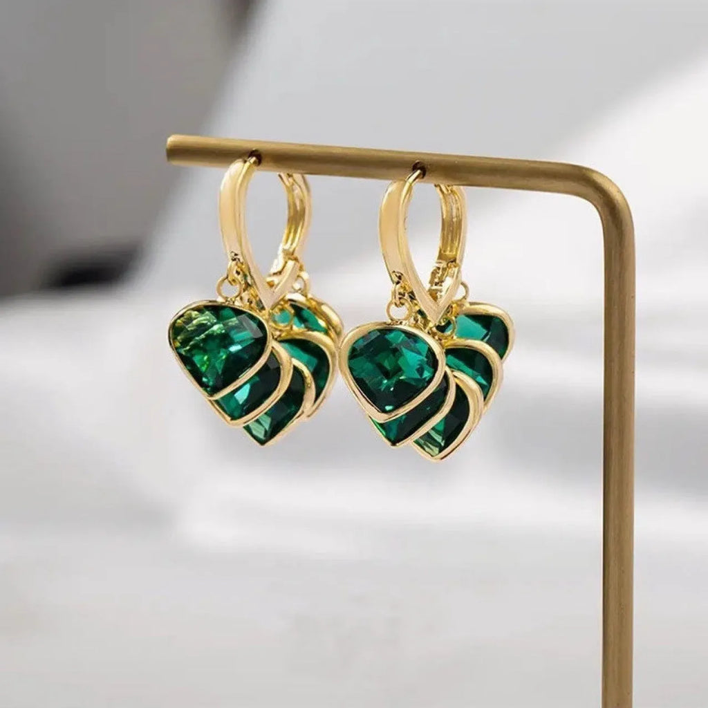 Korean style green heart pendant glass ear clips with copper construction and alloy inlay detailing