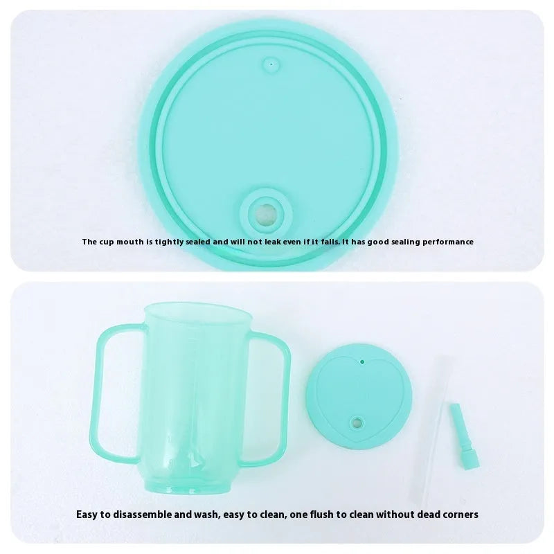 Adult bed drinking cup with oblique anti-choke mouth design and optional wrist splint attachment