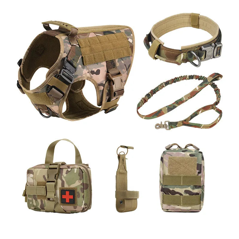 Polyester dog training battle suit set in tactical colours with harness straps and vest