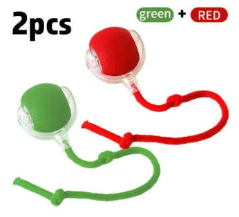 Silicone cat rolling ball toy in green, grey, red, and pink plush designs with optional rope attachment