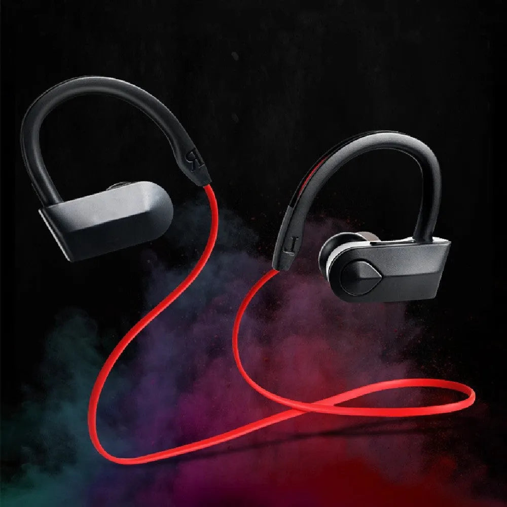 Wireless neck mounted Bluetooth earphones in black colour showing earpieces and neckband