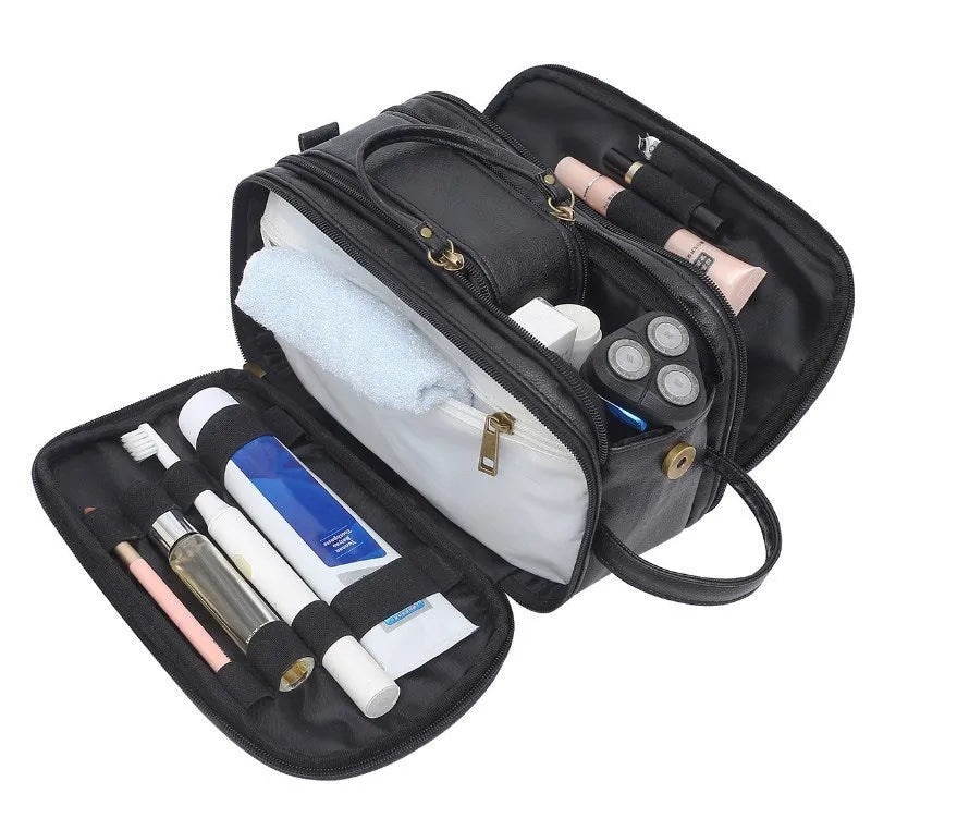 Men's solid colour Pu toiletry bag for travel storage, shown in black and brown options.