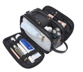 Men's solid colour Pu toiletry bag for travel storage, shown in black and brown options.