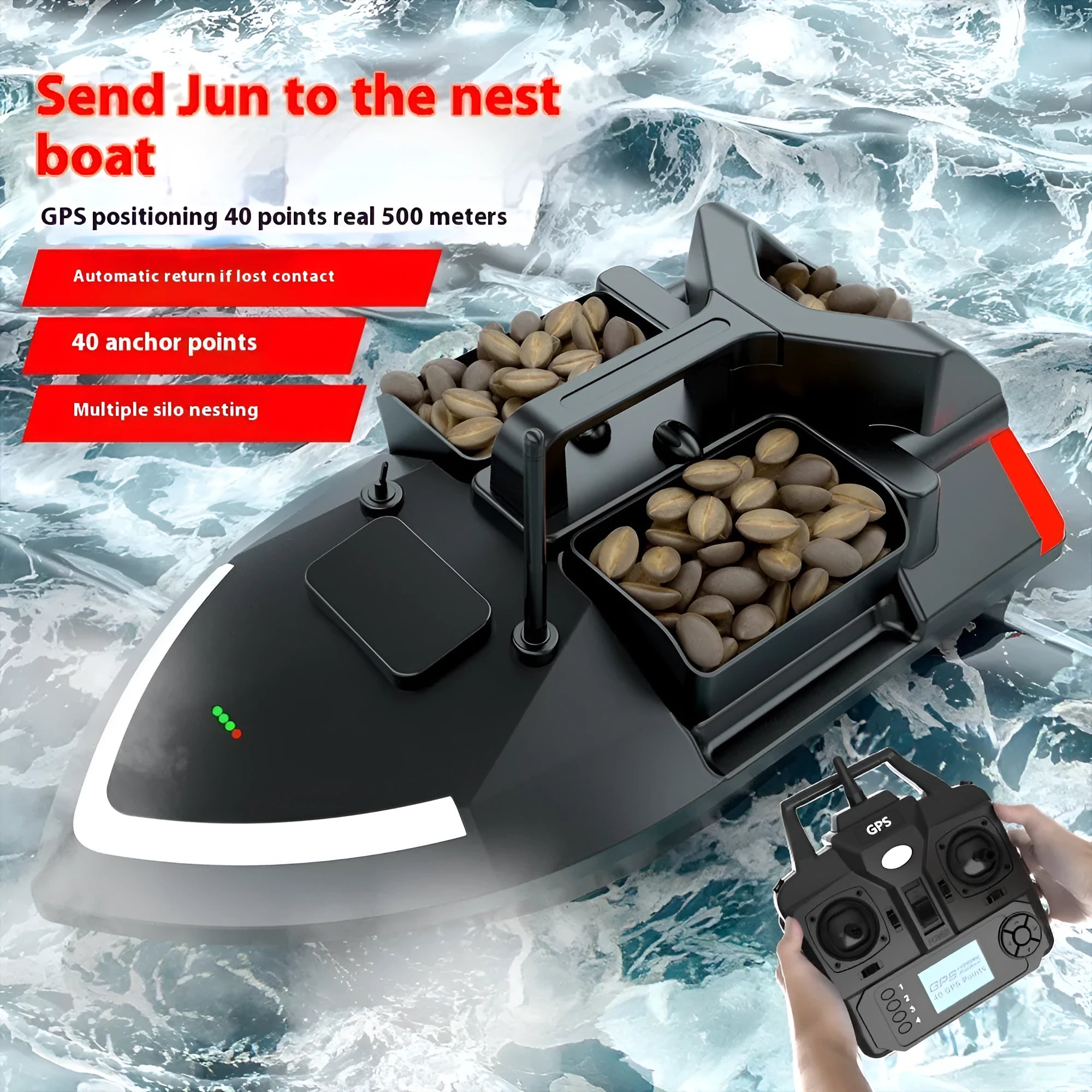 GPS remote control fishing boat in black or luminous yellow with remote control and handbag.
