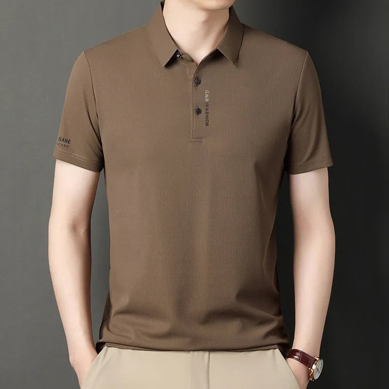 Men's waffle short sleeve polo shirt, loose fit, polyester, side slits, available in black, green, khaki, and other colours