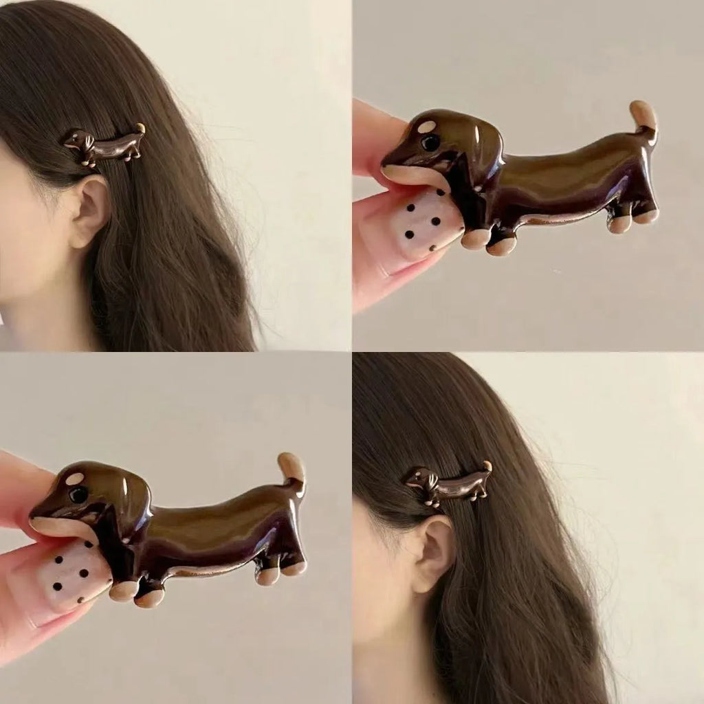 Dachshund dog design hair barrettes with electroplated mixed material construction