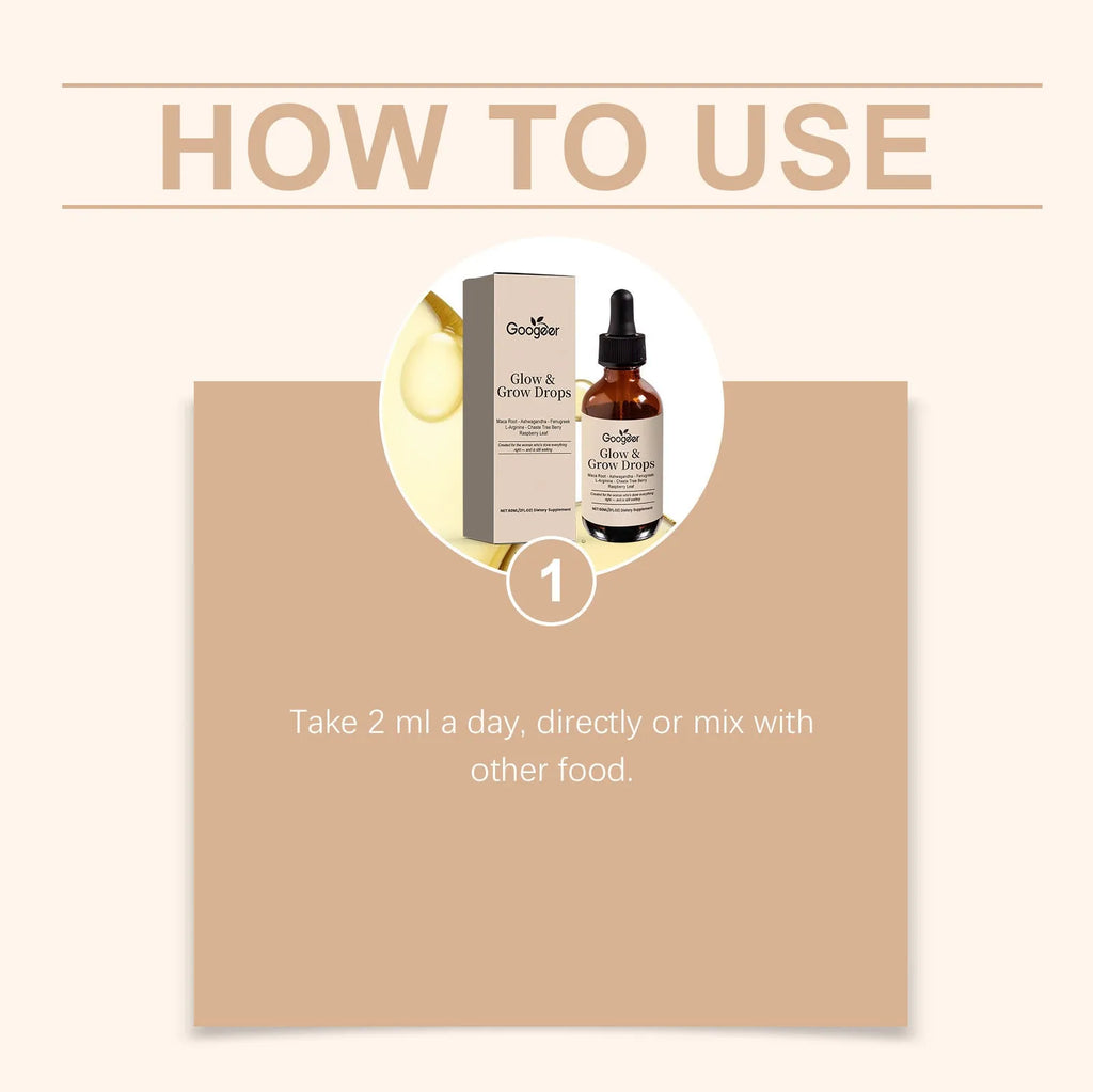 60ml bottle of Female Estrogen Balance Drops with dropper top, containing liquid hormone support formula with Maca, fenugreek, and raspberry leaf extracts