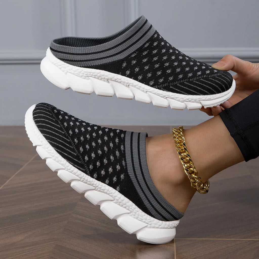 Women's black Flyknit semi slipper shoes with striped hollowed-out pattern and viscose sole