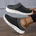 Women's black Flyknit semi slipper shoes with striped hollowed-out pattern and viscose sole