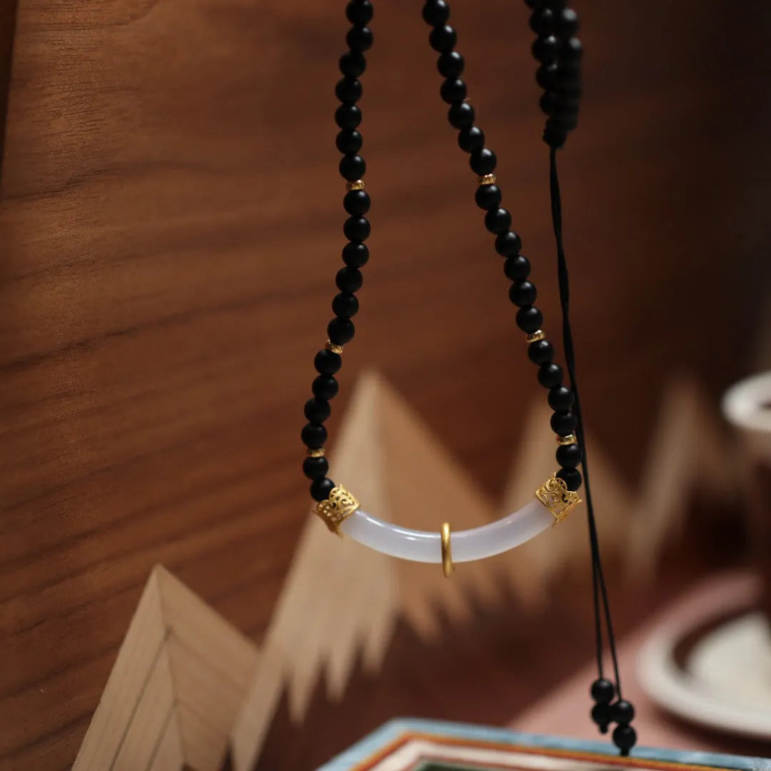 Natural frosted black agate white chalcedony necklace with 925 silver pendant on ball bead chain, matte black colour