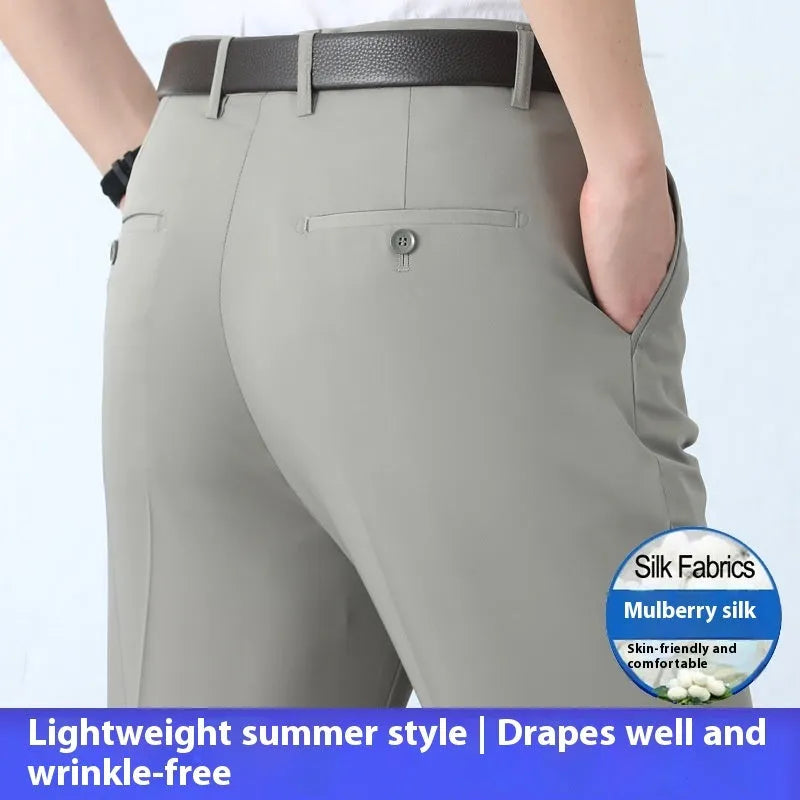 Men's dark blue straight-leg business trousers with a high waistband on a hanger.