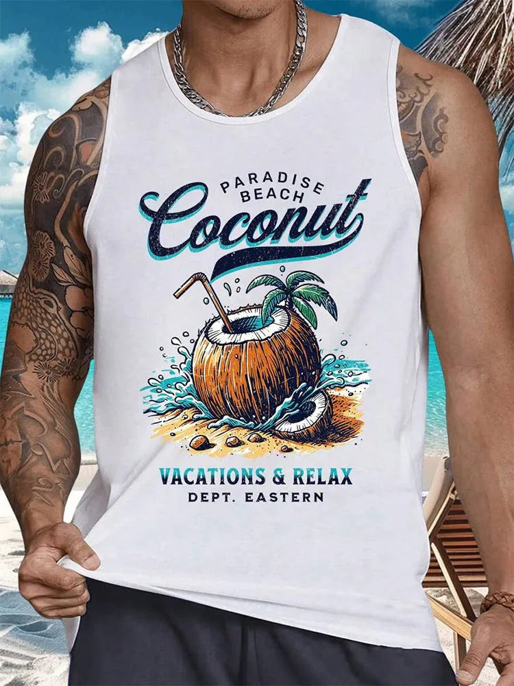 Men's solid colour Hawaiian style 3D printed sleeveless vest t-shirt in polyester fabric