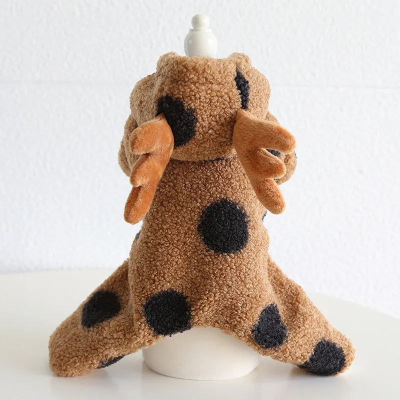 Dog or cat wearing polka dot clothing with an elk couple design, showing skirt and four-legs style options.