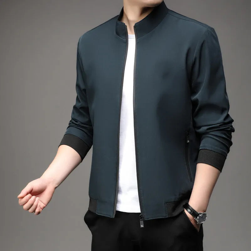 Korean style loose fit men's autumn jacket in black, shown with zip front and pockets