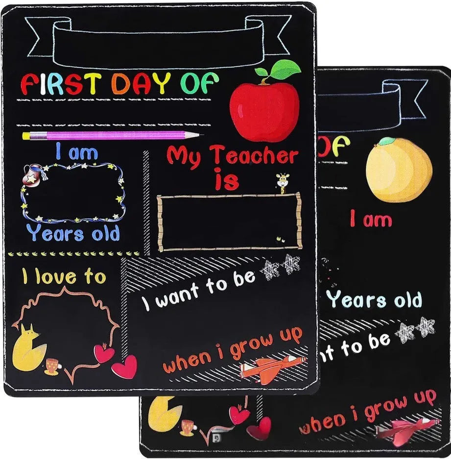 Wooden first day of school blackboard sign measuring 25.5 by 30 centimetres